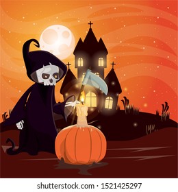 halloween dark scene with person disguised of death vector illustration design
