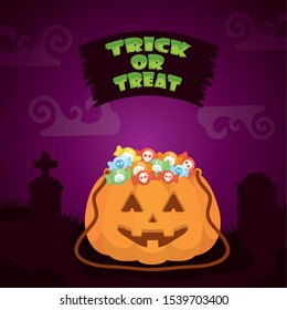 halloween dark scene with pumpkin and candies vector illustration design