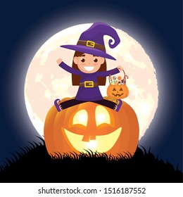 halloween dark scene with pumpkin and kid disguised witch vector illustration