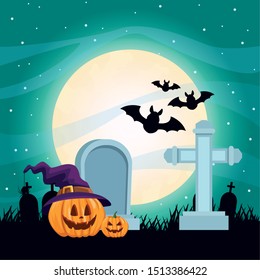 halloween dark scene with pumpkins in cemetery vector illustration design