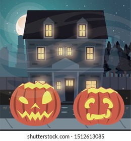 halloween dark scene with pumpkins vector illustration design