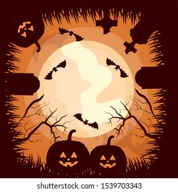 halloween dark scene with pumpkins vector illustration design
