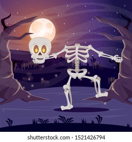 halloween dark scene with skeleton vector illustration design
