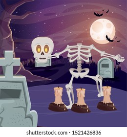 halloween dark scene with skeleton vector illustration design