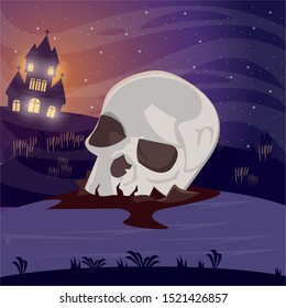halloween dark scene with skull head vector illustration design
