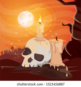 halloween dark scene with skull head vector illustration design