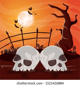 halloween dark scene with skulls heads vector illustration design