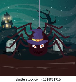 halloween dark scene with spider insect vector illustration design