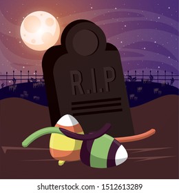 halloween dark scene with sweet candies in cemetery vector illustration design