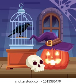 halloween dark scene with witch accessories vector illustration design