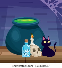 halloween dark scene with witch accessories vector illustration design