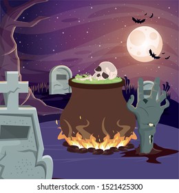 halloween dark scene with witch cauldron vector illustration design