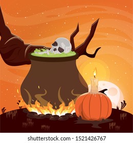 halloween dark scene with witch cauldron vector illustration design