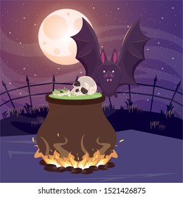 halloween dark scene with witch cauldron vector illustration design