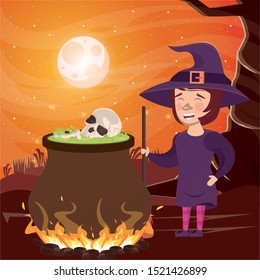 halloween dark scene with woman disguised witch vector illustration design