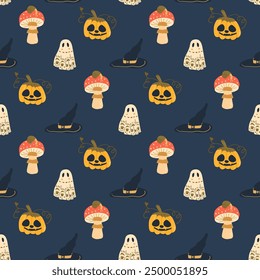 Halloween dark seamless pattern. All Hallows' Eve continuous background. Pumpkins, holiday ghosts, fly agaric and hat repeat surface. Vector illustration.