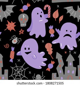 Halloween dark seamless pattern. Vector flat illustration with ghost, candy and other Halloween attributes. For printing, backdrop and textile
