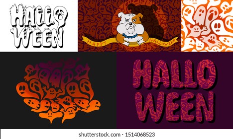 Halloween dark set - seamless pattern with ghosts silhouettes, creative lettering with monster alien letters, funny bull dog with scary shade. Orange, purple, black colors. Cute creatures for party