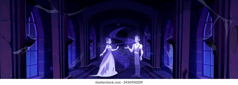 Halloween dark spooky corridor with ghost couple. Horror museum interior cartoon background. Abandoned fantasy gothic scene with mysterious undead monster at night. Old temple room game illustration