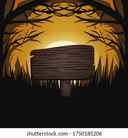 Halloween dark three moon light vector illustration, banner flyer concept squere, happy holiday dark pumpkins background , wood table text template design lighting