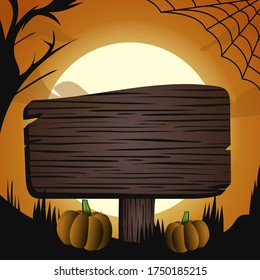 Halloween dark three moon light vector illustration, banner flyer concept squere, happy holiday dark pumpkins background , wood table text template