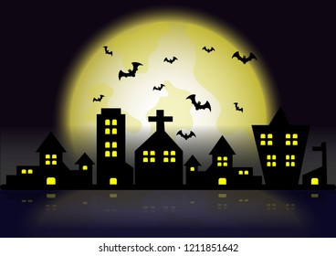 Halloween Dark town vector Background with moon yellow and bats 