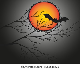 Halloween and dark tree with bat on light red-orange moon. Vector illustration.