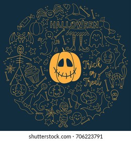 Halloween dark vector background. Big hand-drawn set of vector design elements in circle. Line art for card, poster, textile, paper print.