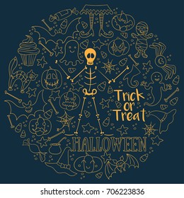 Halloween dark vector background. Big hand-drawn set of vector design elements in circle. Line art for card, poster, textile, paper print.