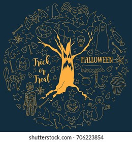 Halloween dark vector background. Big hand-drawn set of vector design elements in circle. Line art for card, poster, textile, paper print.