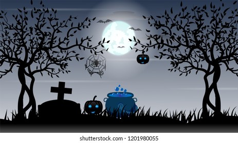 Halloween day background decor with  branch wilted tree,Grass,Graves,cross,
a bat, spider, cobweb,Cloud,Fog,pumpkin,poison boiler on light blue Moon. illustration.