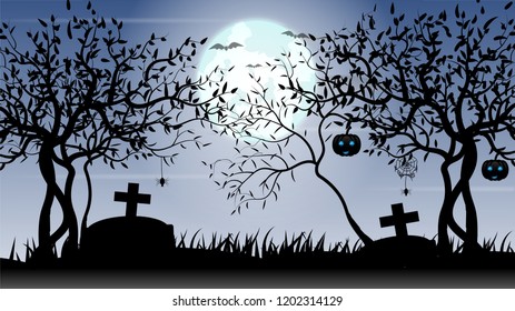 Halloween day background decor with  branch wilted tree,Grass,Graves,cross,
a bat, spider, cobweb,Cloud,Fog,pumpkin,on light blue Moon. illustration.