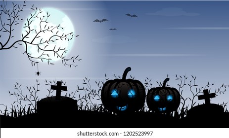 Halloween day background decor with  branch wilted tree, Grass, Graves, cross, a bat, spider, cobweb,Cloud,Fog,pumpkin on light blue Moon. illustration.