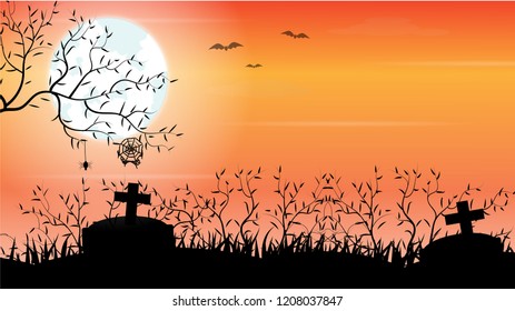 Halloween day background decor with  branch wilted tree,Grass,Graves,cross,
a bat, spider, cobweb,Cloud,Fog on light blue Moon. orange background. illustration.