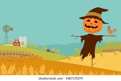 Halloween day background with wheat, harvested pumpkins, straw bale, farm field, barn and Jack-'o-lantern scarecrow. Vector illustration.