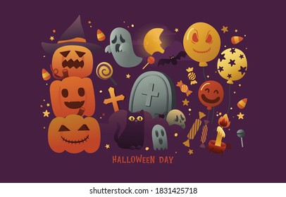 Halloween Day Cartoon Set Decoration Items Pumpkin, Balloon, Headstone, Moon, Ghost and Candy, Vector, Illustration