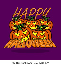 Halloween Day celebrate on October 31st. Halloween pumpkin fruits with bold text on dark purple background. Happy Halloween Day