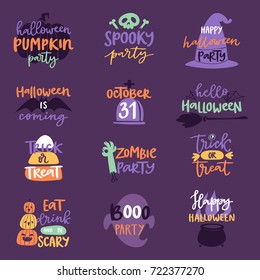 Halloween Day celebration invitation logo text badge phrases vector illustration set design