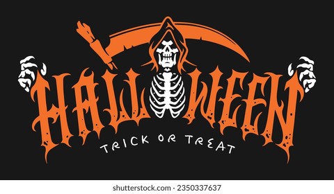 Halloween day colorful sticker with hooded skeleton near sharp scythe and trick or treat slogan vector illustration