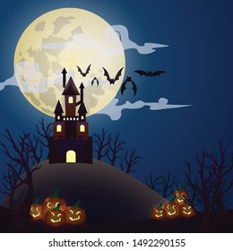 Halloween day , concept is Castle in the dark have bat in the sky