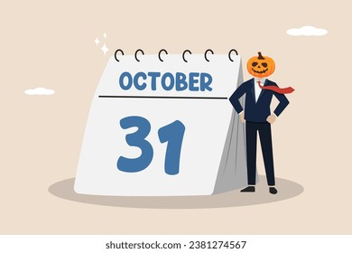 Halloween day, halloween costumes, halloween event at work, businessman wearing halloween mask with date 31 october.