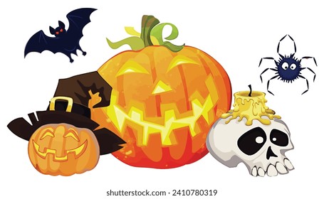 Halloween day Cute collection of spooky ghost, pumpkin, bat, candy, cat, skull, spider, grave, castle. Adorable halloween festival elements for decoration, prints.