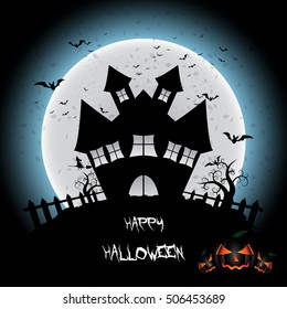 Halloween day. dark castle and pumpkin head on the moon background