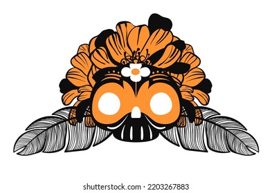A Halloween and Day of the Dead character in the vintage cartoon style of the 60s. Vector illustration of a skull with flowers