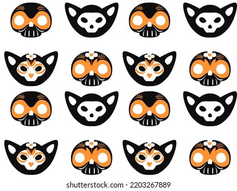A Halloween and Day of the Dead character in the vintage cartoon style of the 60s. vector seamless pattern of cute skulls