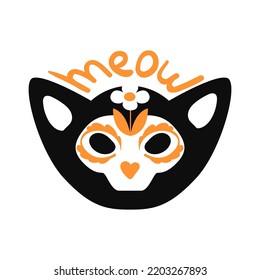 A Halloween and Day of the Dead character in the vintage cartoon style of the 60s. Vector illustration of a cat's skull with flowers
