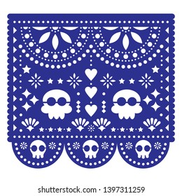 Halloween, Day of the Dead design with skulls - Mexican Papel Picado decoration with flowers and geometric shapes

Papel Picado navy blue geometric decoration, traditional ornaments from Mexico 