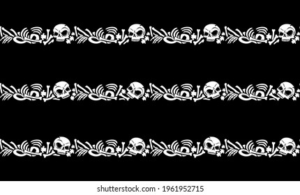 Halloween, Day of the dead, Dia de los muertos, horizontal seamless pattern, border, frame. Design for banner, greeting card, fabric, interior, concept with skull, skeleton.