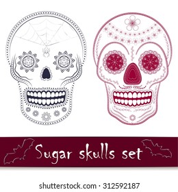 Halloween, day of the dead Mexican sugar skull vector illustration set. Line art design elements