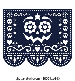 Halloween and Day of the Dead Papel Picado vector design with pumpkin face, Mexican paper cut out pattern - Dia de Los Muertos celebration.  Papel Picado black geometric decoration with face